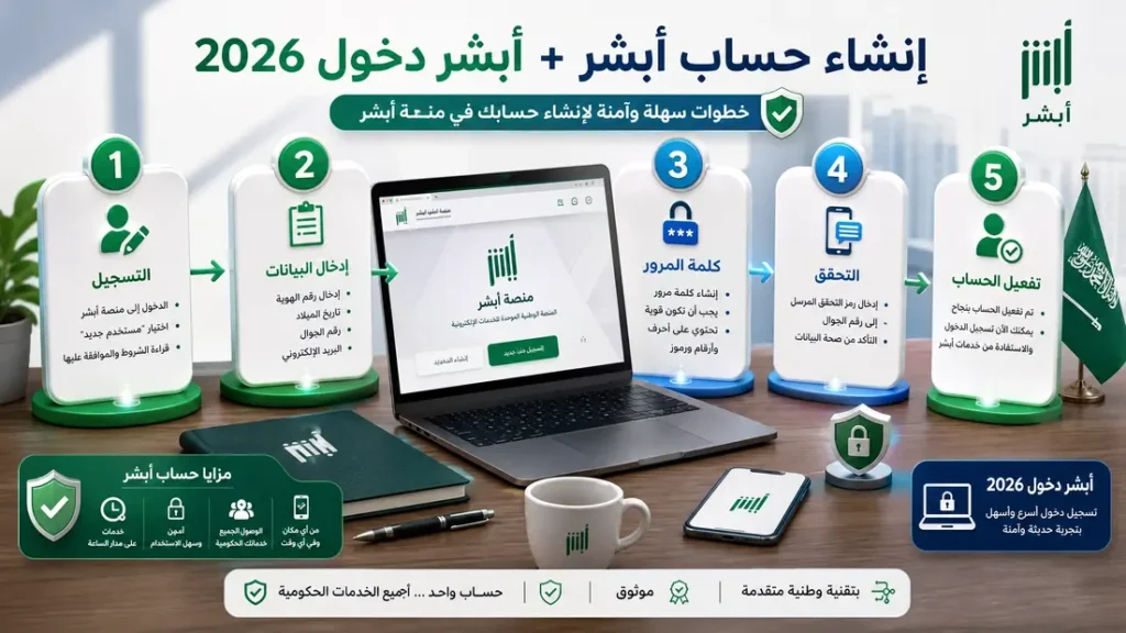 دخول أبشر باستخدام النفاذ الوطني الموحد. صورة توضيحية تحتوي على شعار النفاذ الوطني، زر "دخول" كبير، وخطوات مرقمة. تصميم عصري نظيف مع خلفية علم المملكة وتأثيرات تقنية.