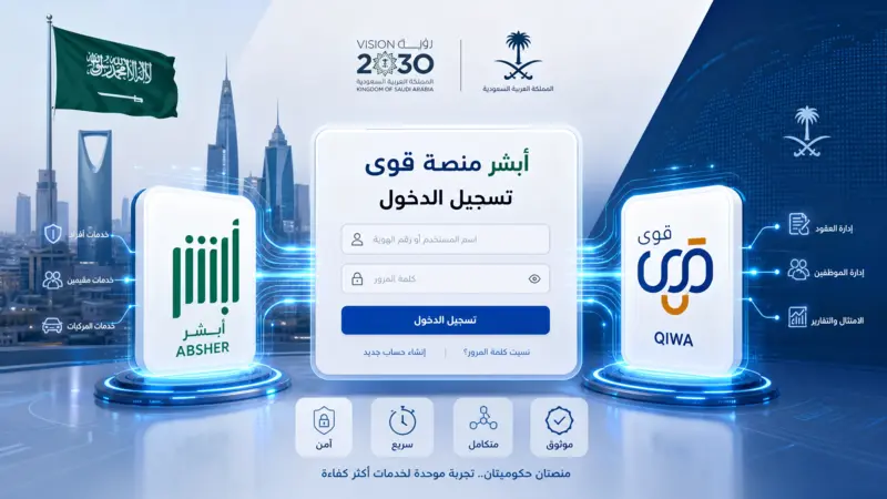 واجهة رقمية توضح أبشر منصة قوى ودورها في تسهيل الإجراءات الحكومية والخدمات الإلكترونية في السعودية.