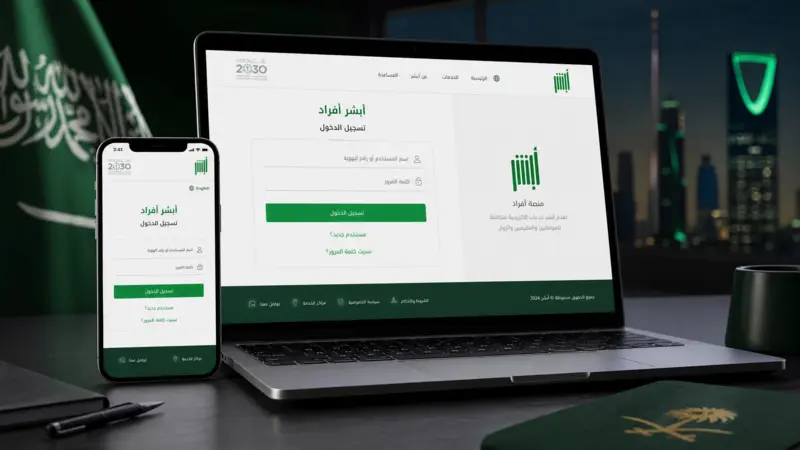 أبشر افراد تسجيل دخول 2026 على شاشة هاتف وحاسوب مع واجهة تسجيل الدخول الرسمية