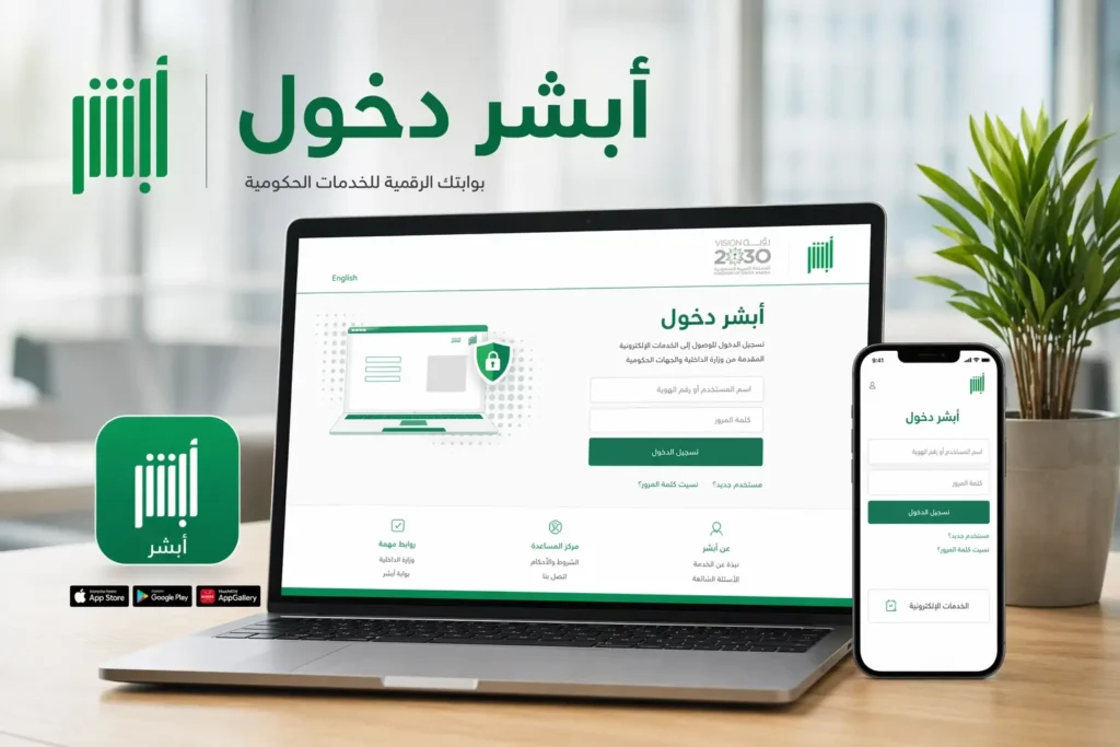 تسجيل دخول أبشر عبر الهاتف الجوال بخطوات مبسطة. الصورة تظهر شاشة جوال يعرض موقع أبشر الرسمي، مع أزرار الدخول وخيار "نسيت كلمة المرور". ألوان سعودية (أخضر وأبيض) مع إضاءة حديثة وواضحة.