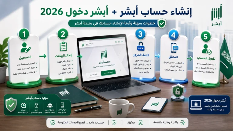 خطوات سهلة وواضحة لتسجيل الدخول إلى أبشر. صورة احترافية تحتوي على شعار أبشر الرسمي، حقل اسم المستخدم وكلمة المرور، ورموز الأمان (كلمة السر المؤقتة). خلفية زرقاء حكومية أنيقة مع أيقونات الهوية الوطنية.