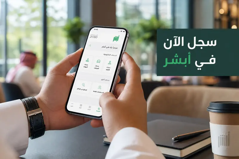  شخص يستخدم تطبيق أبشر على الجوال لإدارة المعاملات الحكومية بعد إنهاء عملية أبشر تسجيل.