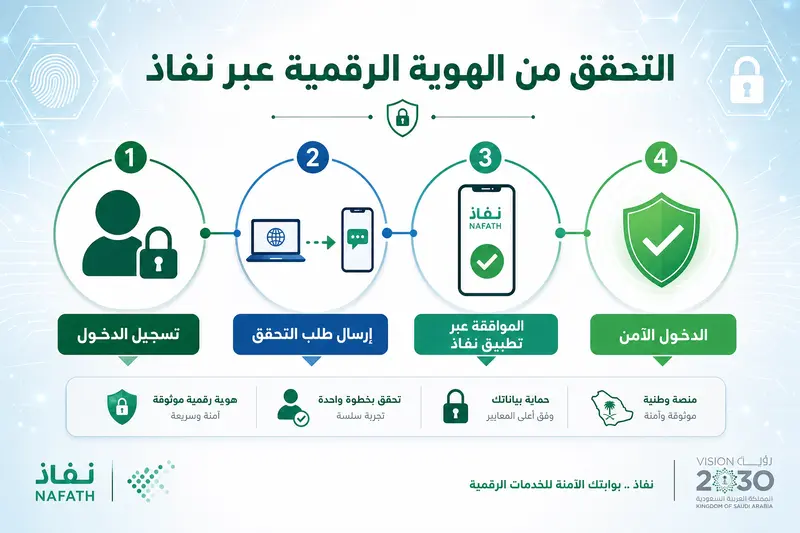  رسم توضيحي يشرح مراحل التحقق من الهوية الرقمية: تسجيل الدخول، إرسال الطلب، الموافقة عبر نفاذ، والدخول الآمن.