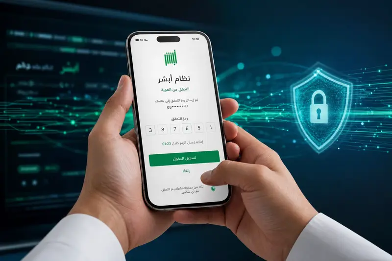 شخص يستخدم هاتفه لتسجيل الدخول إلى أبشر مع ظهور كود التحقق ورمز الأمان الرقمي.
