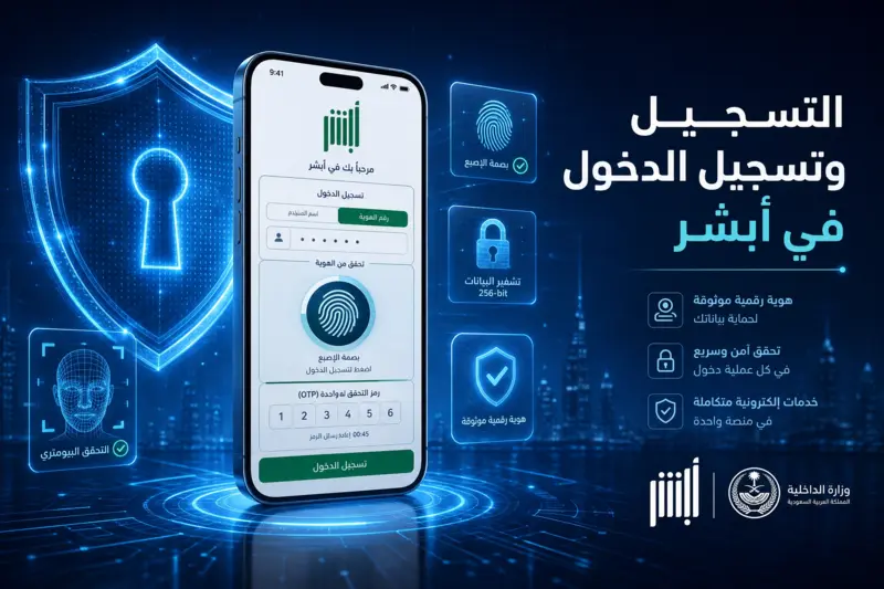 صورة لمفهوم الأمان في أبشر تظهر بصمة الإصبع ورمز التحقق (OTP) ودرع حماية أزرق.