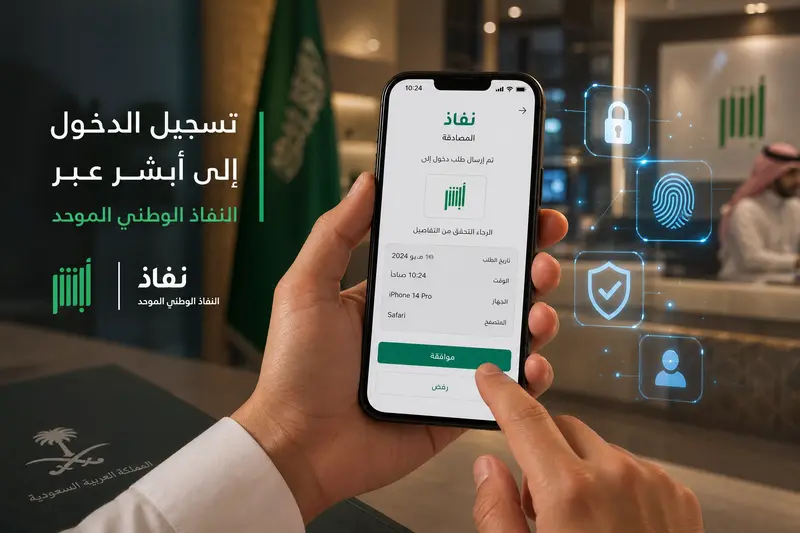 شخص يستخدم هاتفه الذكي للموافقة على طلب تسجيل دخول عبر تطبيق نفاذ للوصول لمنصة أبشر.