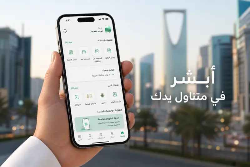  يد تمسك هاتفاً ذكياً يعرض واجهة تطبيق أبشر أفراد باللغة العربية مع خلفية لمدينة الرياض.