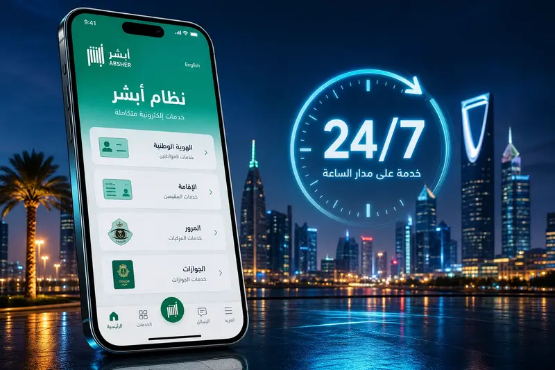 هاتف ذكي يعرض تطبيق أبشر مع رمز 24/7 وخلفية ليلية لمدينة سعودية مضاءة.