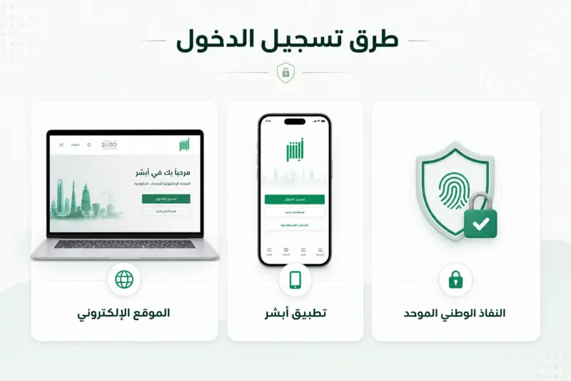 أيقونات تمثل تسجيل الدخول عبر الكمبيوتر، تطبيق أبشر، ونظام النفاذ الوطني الموحد للهوية الرقمية.