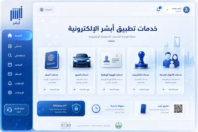 واجهة مستخدم رقمية تعرض أيقونات خدمات الجوازات، المرور، الهوية، التأشيرات، والأحوال المدنية.