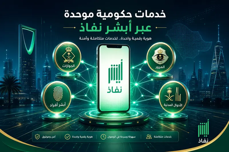 أيقونات الخدمات الحكومية السعودية (الجوازات، المرور، الأحوال) مرتبطة رقمياً بمنصة أبشر نفاذ المركزية.