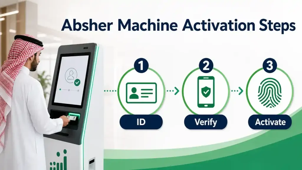 Three Absher machine activation steps for ID verification and account activation