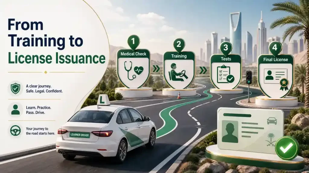 Saudi driving license journey showing medical check, driving training, tests, and final license issuance.