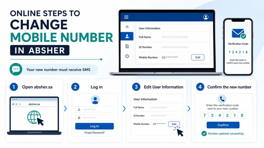Online steps to change mobile number in Absher through User Information