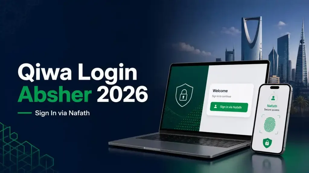Qiwa Login Absher 2026 sign in via Nafath on a laptop and mobile phone in Saudi Arabia