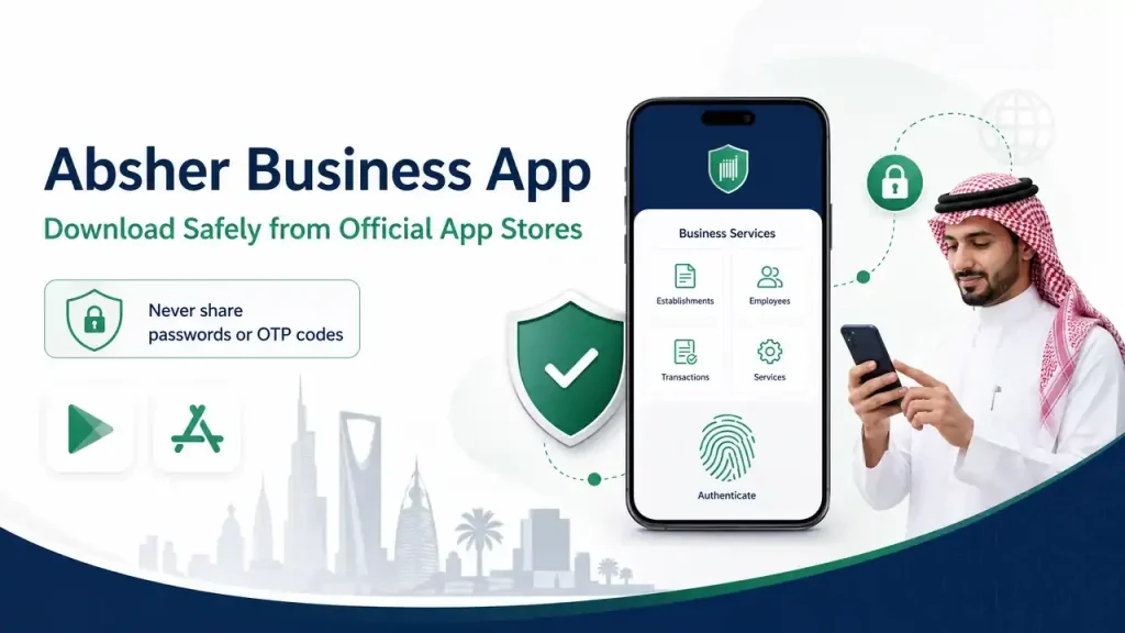 Absher Business mobile app with fingerprint authentication and security shield.