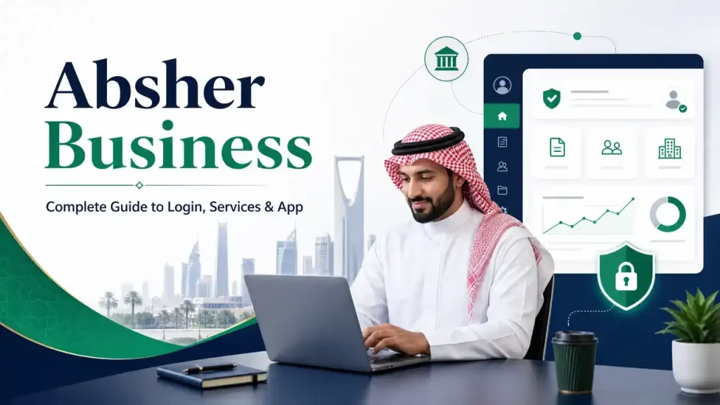 Saudi business owner using Absher Business digital government platform on a laptop.