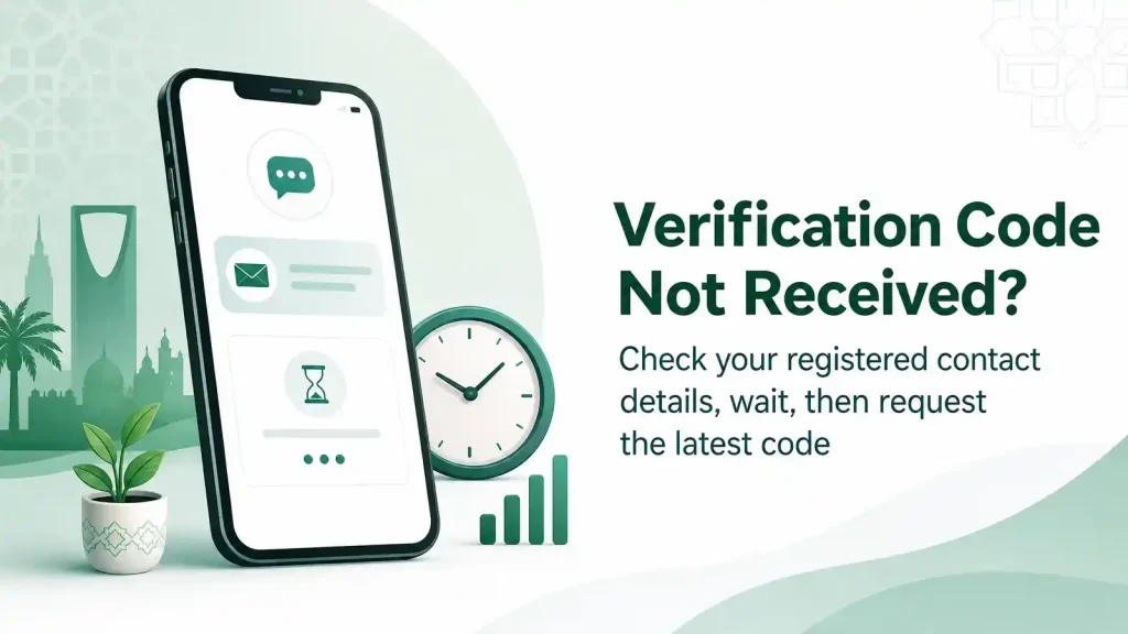 Smartphone showing a verification message beside a clock and signal bars for Absher account recovery