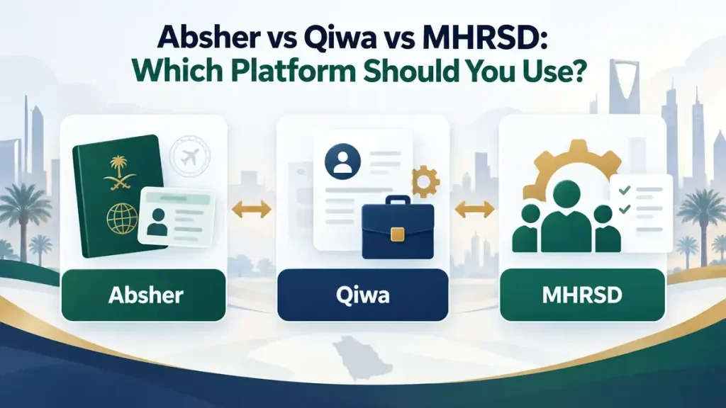 Absher, Qiwa, and MHRSD platform comparison for checking Huroob and employment status