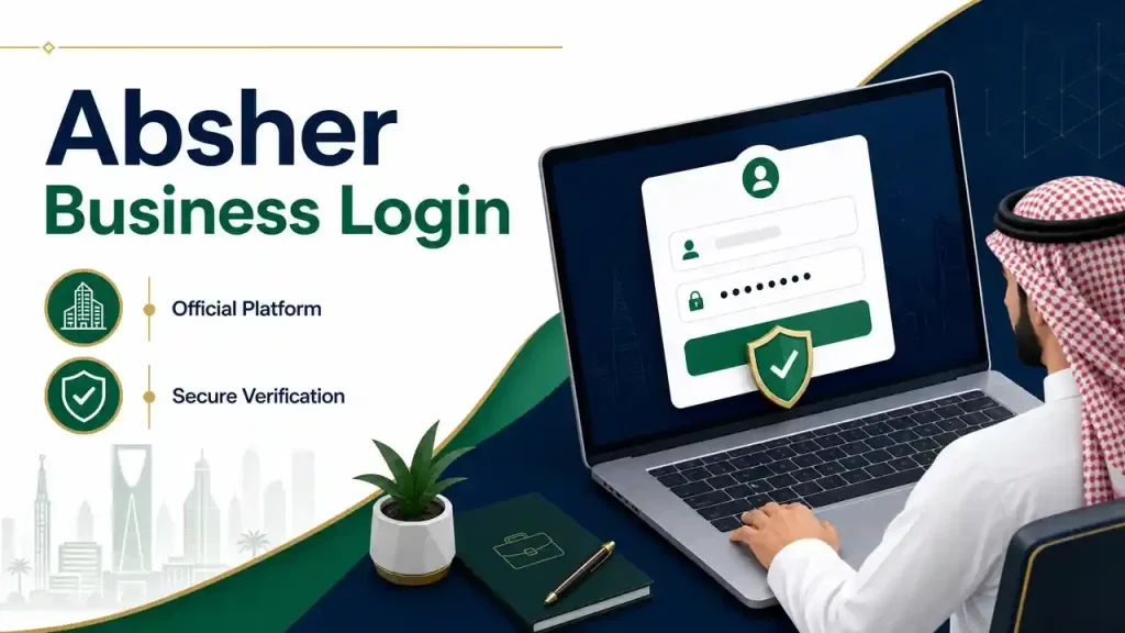 Absher Business login screen showing secure verification on a laptop.