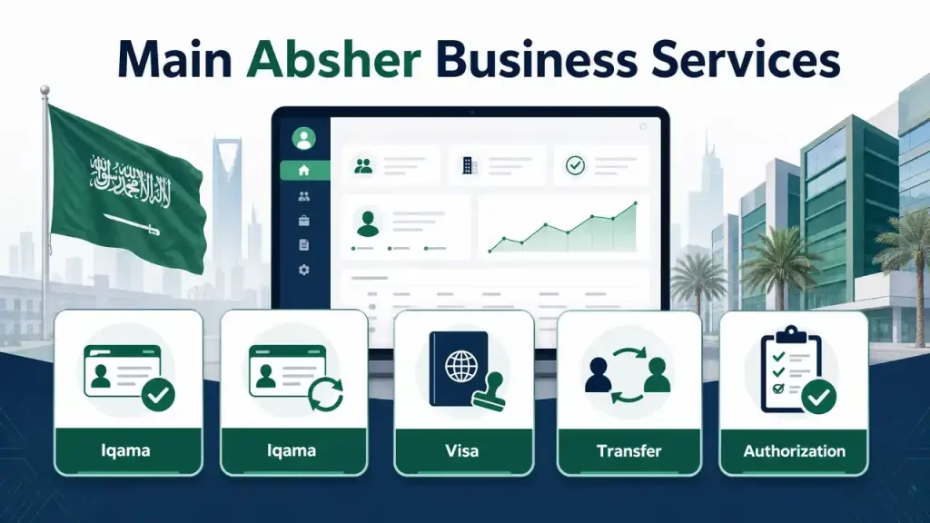 Explore the main Absher Business services, including Iqama issuance, Iqama renewal, visas, sponsorship transfer, and authorizations.