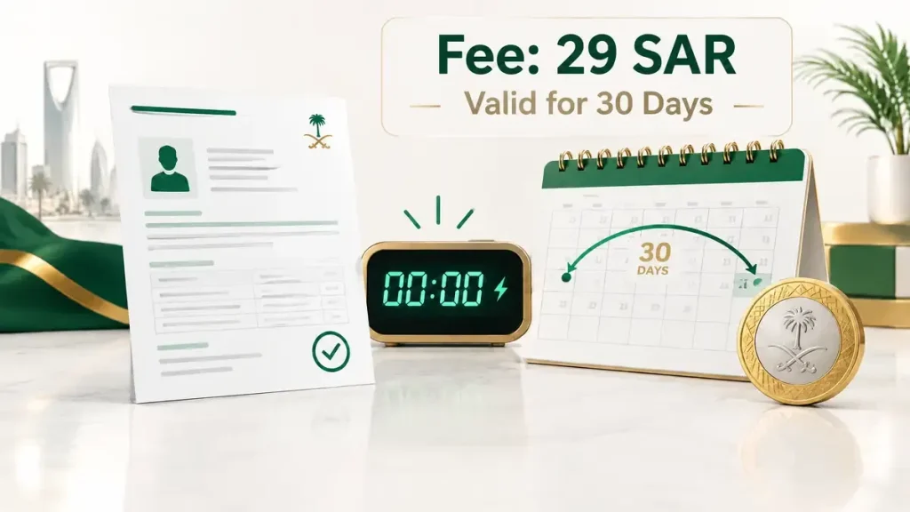 Muqeem Report showing the 29 SAR fee and 30-day validity period