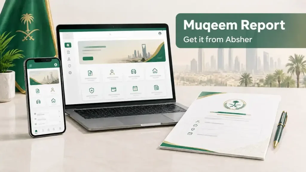 Laptop and smartphone showing an electronic Muqeem Report service on Absher in Saudi Arabia